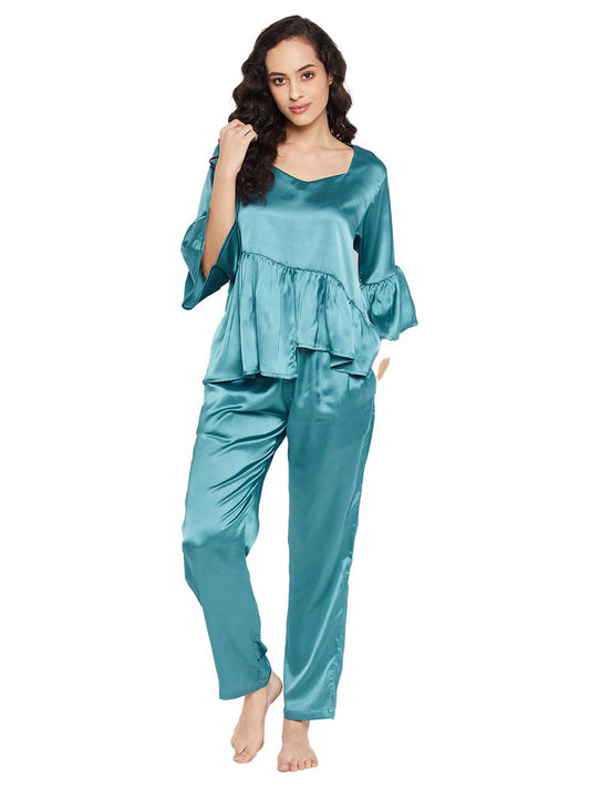 Clovia Womens Satin Chic Basic Top & Pyjama Set (LS0609P36_Teal_XL)