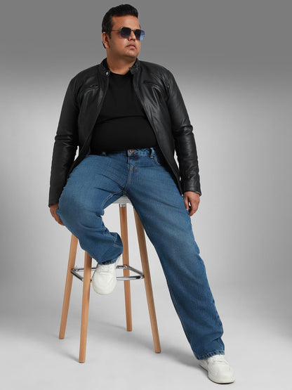 High Star Men Plus Size Straight Fit Light Fade Pure Cotton Jeans Indigo