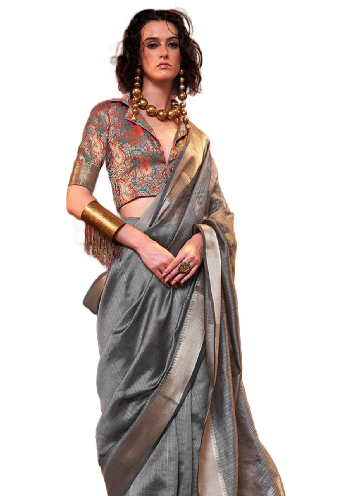 Madhuhansh Womens Soft Linen Saree With Unstitched Multicolor Paisley Blouse Piece Saree With Satin Border Comfortable Skin Frie