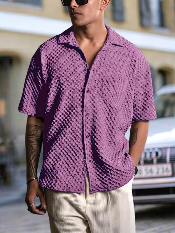 Pinkmint Bubble Textured Shirt for Men ll Half Sleeve Stylish Button Down Shirts ll Mens Pocket Shirt (Pack of 1) Purple