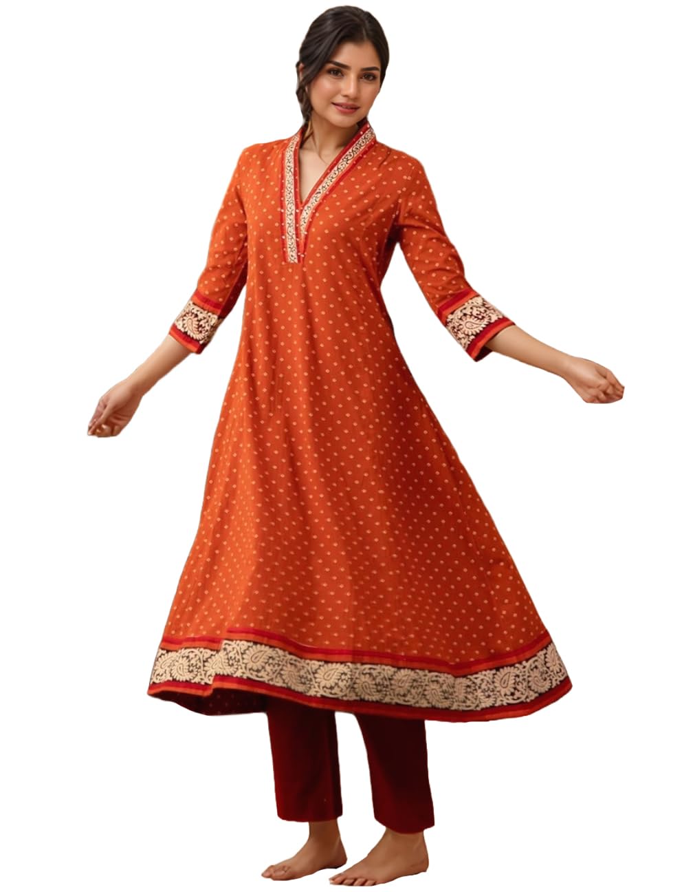 ANNI DESIGNER Women s Kurta Viscose Dress with Anarkali Printed Pants, Orange, XL