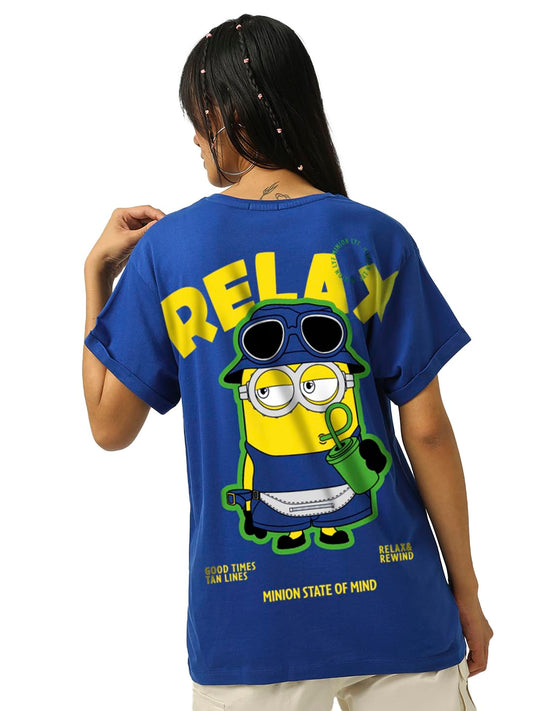 Bewakoof Official Minions Merchandise Minion Womens Graphic Print Boyfriend Fit Half Sleeve Round Neck Cotton T-Shirt_648810_Bl