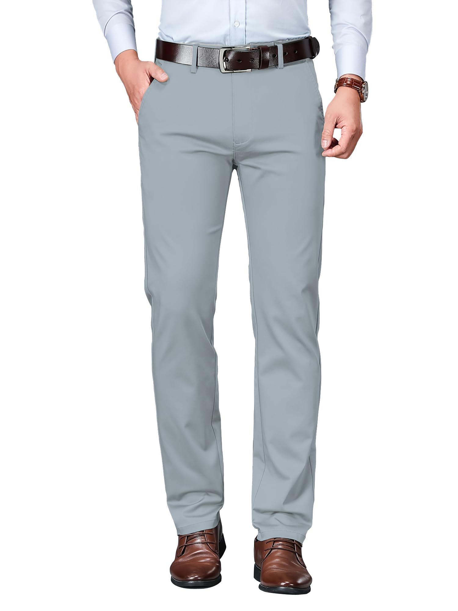 AVANOVA Mens Light Grey Solid Trousers Light Business Style Slightly Stretch Straight Leg Pants for Outdoor Casual Daily (Trous
