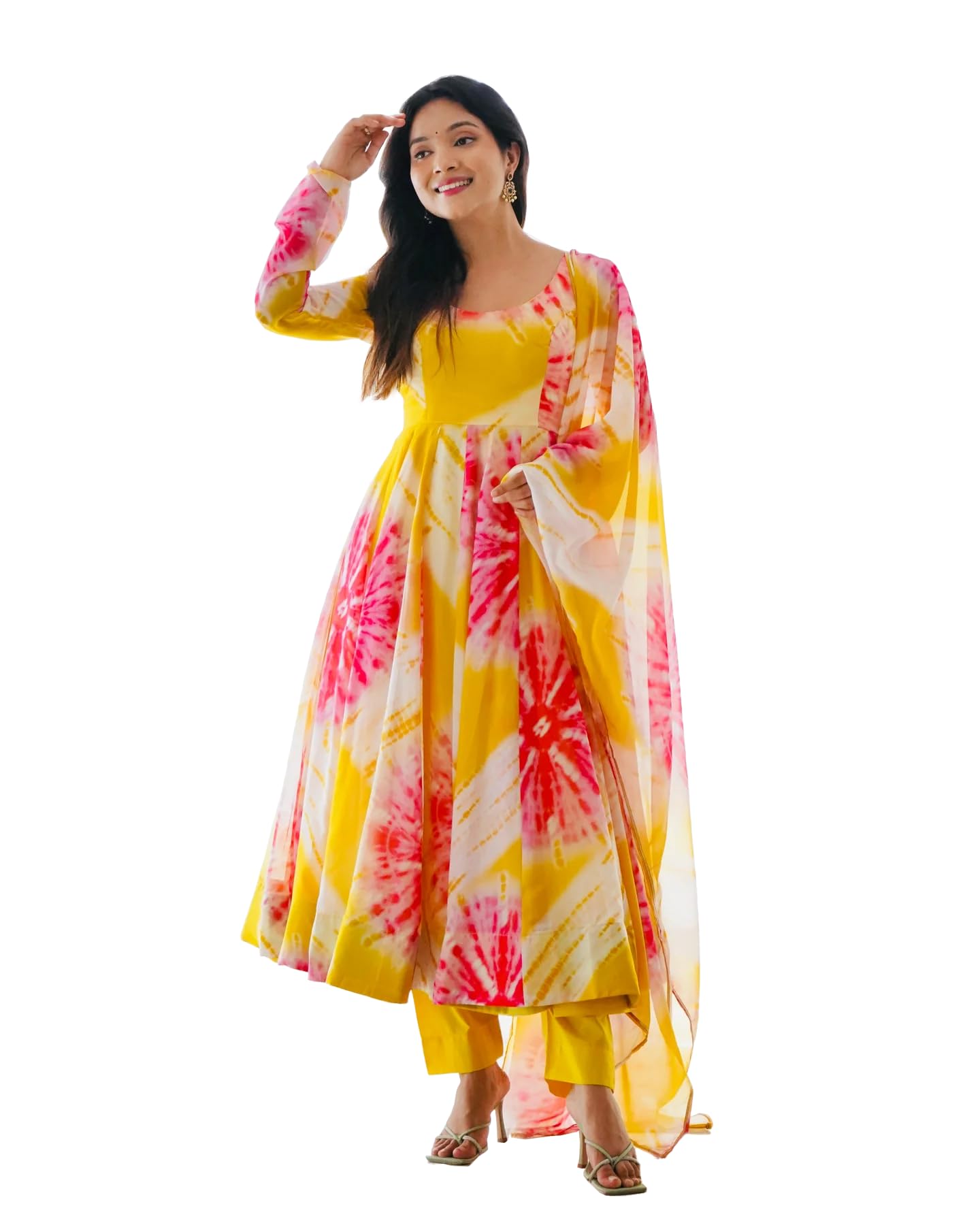 Wedani Women Floral Print Anarkali Kurta with Pant and Duptta (X-Large, Yellow)