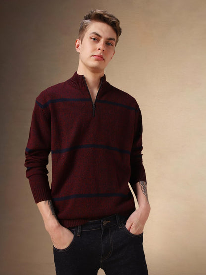 Dennis Lingo Maroon Solid Acrylic Slim Fit Full Sleeve Sweater For Men