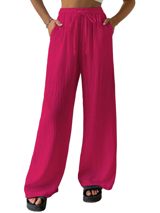 Shasmi Womens Hot Pink Loose Wide-Leg Pants with Textured Wrinkled Fabric and Drawstring Waist Long Trousers (Pant 157 Hot Pink