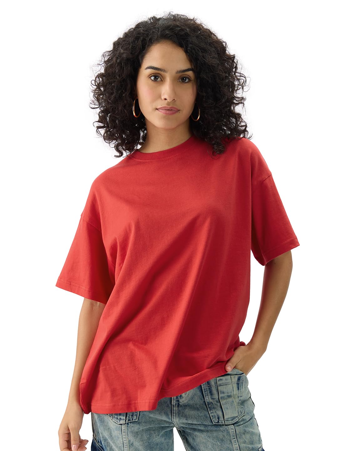 The Souled Store Solids: Rouge Red Women and Girls Short Sleeve Round Neck Cotton Oversized T-Shirts