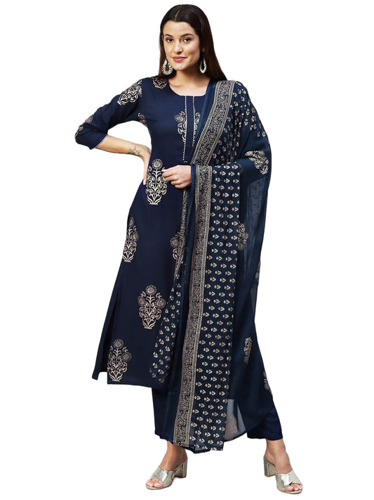 ANNI DESIGNER Women's Cotton Blend Printed Straight Kurta with Pant & Dupatta (RADHU)