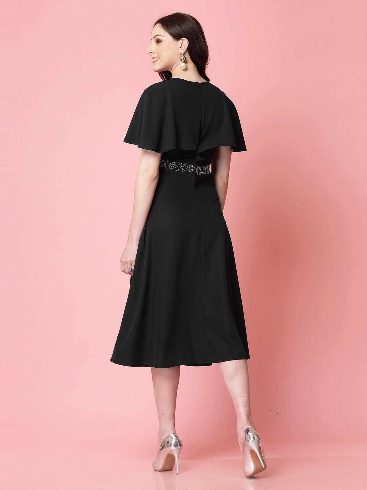 Selvia WomenS Western Dress | Stone Work Flutter Sleeve Crepe Western Dress For Women | Round Neck A-Line Dress For Women | One