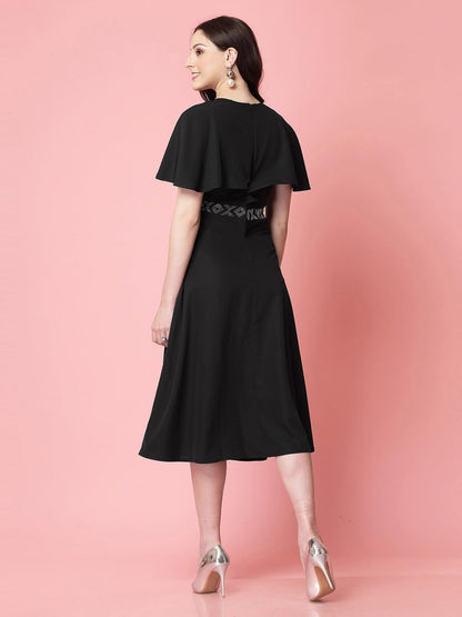Selvia WomenS Western Dress | Stone Work Flutter Sleeve Crepe Western Dress For Women | Round Neck A-Line Dress For Women | One