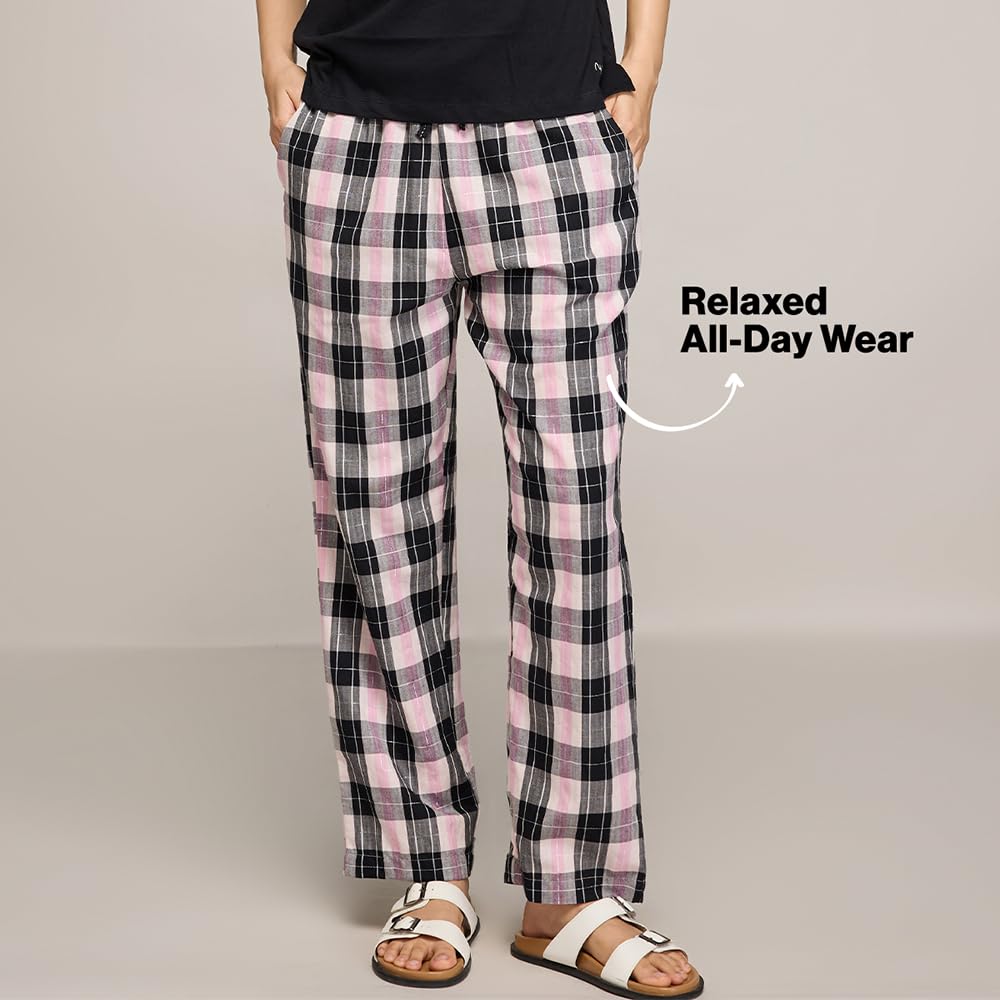 NYKD (NYS141 Checked Pure Cotton Pyjama Sleepwear Pants for Women | Relaxed Fit with Non-Slip Elasticated Waistband, Adjustable