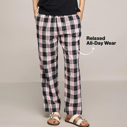 NYKD (NYS141 Checked Pure Cotton Pyjama Sleepwear Pants for Women | Relaxed Fit with Non-Slip Elasticated Waistband, Adjustable