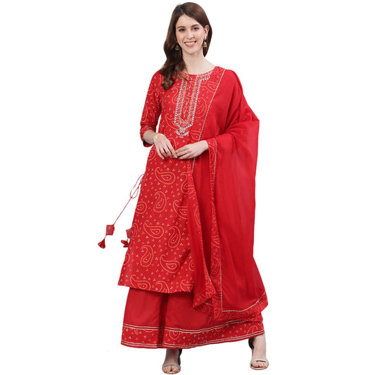 ishin Women's Pure Cotton Red Embroidered & Sequinned A-Line Kurta suit set With Dupatta & Sharara
