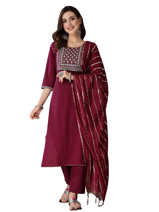 Stylum Women's Embroidered Cotton Straight Kurta Pant Dupatta Set (KPDWINELILA_Wine)
