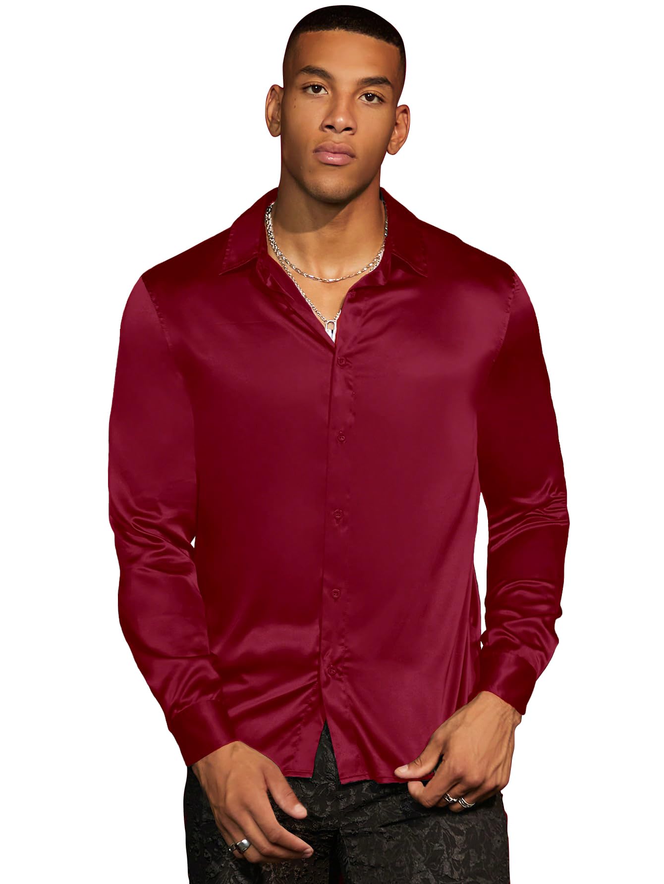 AVANOVA Mens Stylish Maroon Solid Satin Silk Casual Button Down Shirts Long Sleeve Shirt for Men Full Sleeves (Shirt 193 Maroon