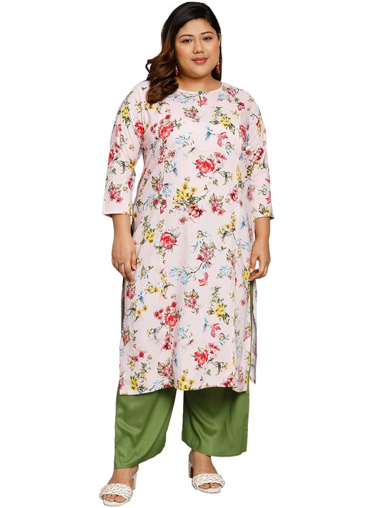 Tissu Women's Plus Size Pink & Red Floral Printed Kurta with Palazzo