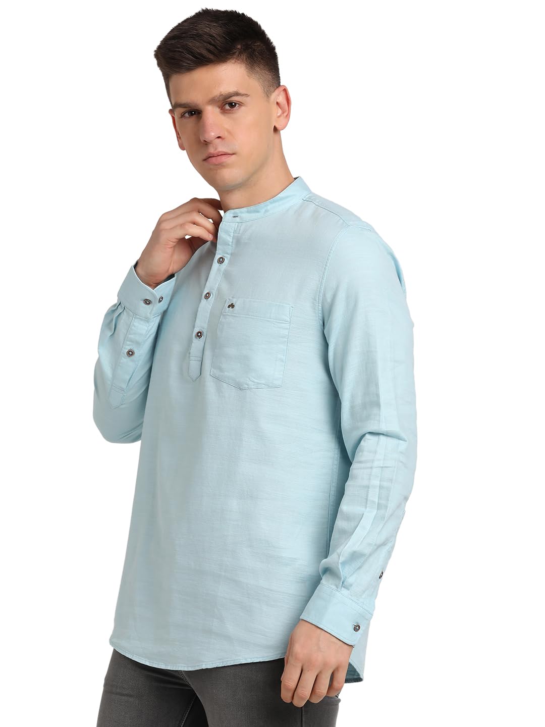 Turtle Men 100% Cotton Light Blue Solid Slim Fit Casual Kurta Shirt