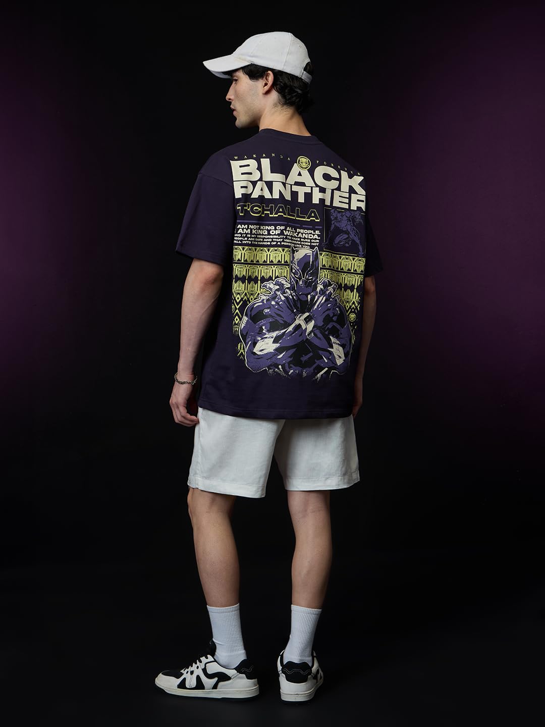 The Souled Store Black Panther: Poster Men and Boys Short Sleeves Round Neck Purple Graphic Printed Cotton Oversized T-Shirts