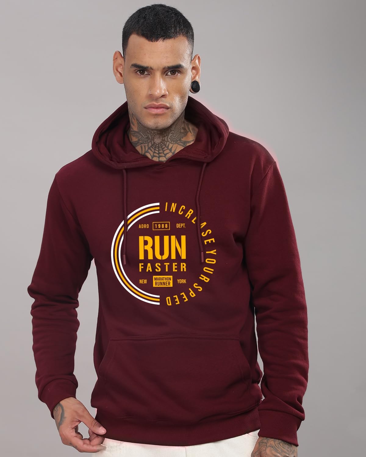 ADRO Men's Cotton Neck Hooded Sweatshirt (H24-FAST-MR_Maroon