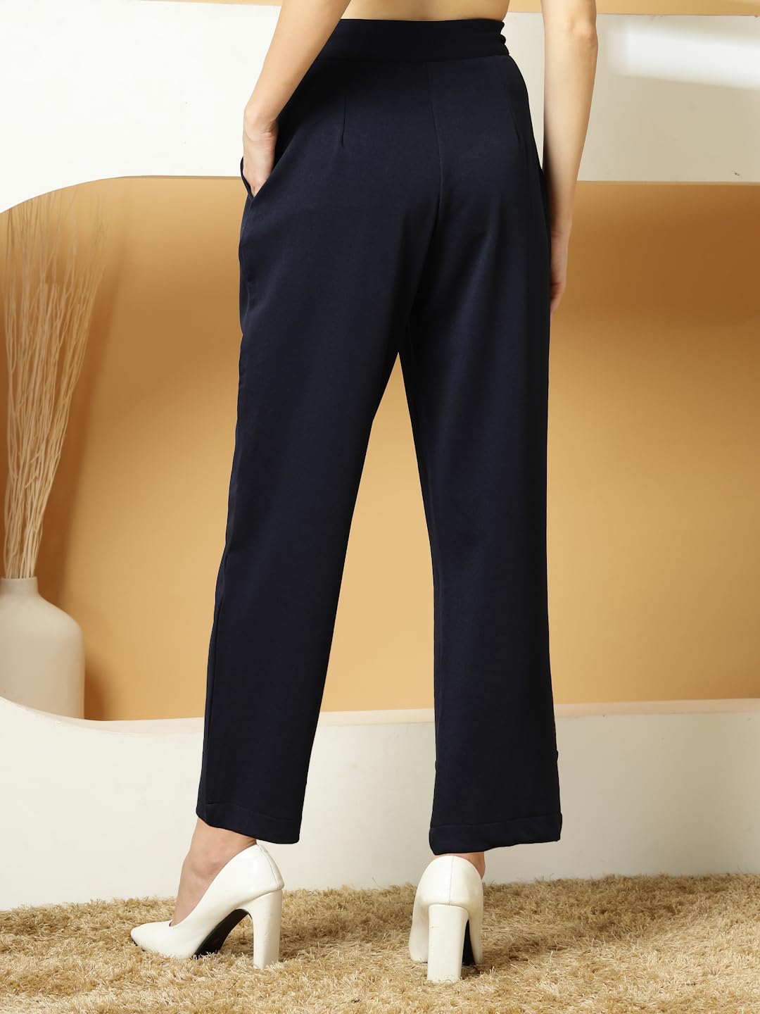 Womens Wide Leg Pants | Solid Blue Stretchable Polyester Trousers | Stylish Korean Clothing | Flared, Straight Fit, Baggy, and