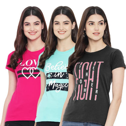 Preneum Womens Cotton Regular Fit Latest Graphic Stylish Printed Short Sleeves Casual T-Shirt || Trendy & Styling (Pack 3), Pin