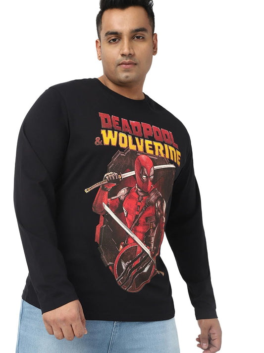 Bewakoof Official Marvel Merchandise Deadpool MenS Graphic Printed Regular Fit Full Sleeve Round Neck Cotton Jersey Plus Size T