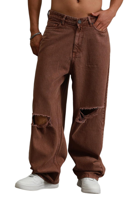 Hubberholme Men Brown Cotton Relaxed Fit Mid-Rise Solid Jeans