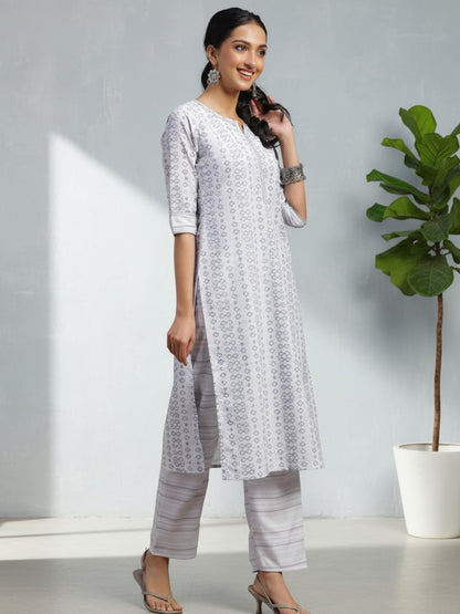 Libas Womens Embroidered Cotton Blend Straight Kurta With Palazzos And Dupatta