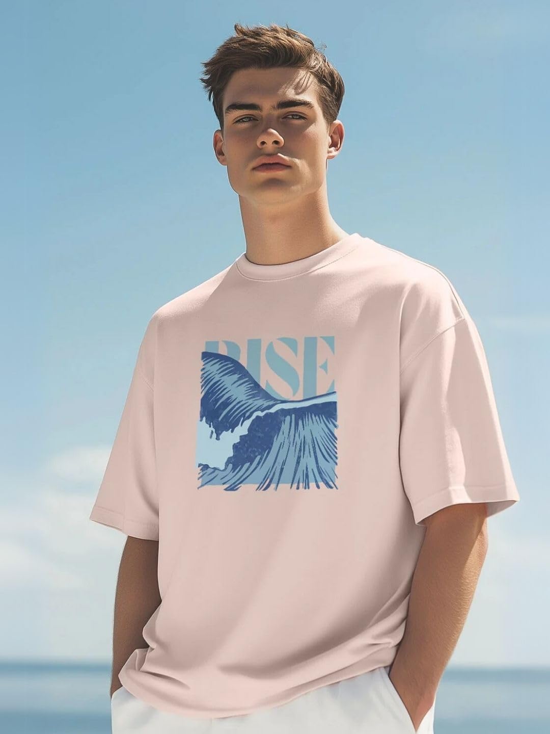 Nobero MenS Graphic Print Oversized Fit T-Shirt (1M-Twts-C0933-X_Blush / White