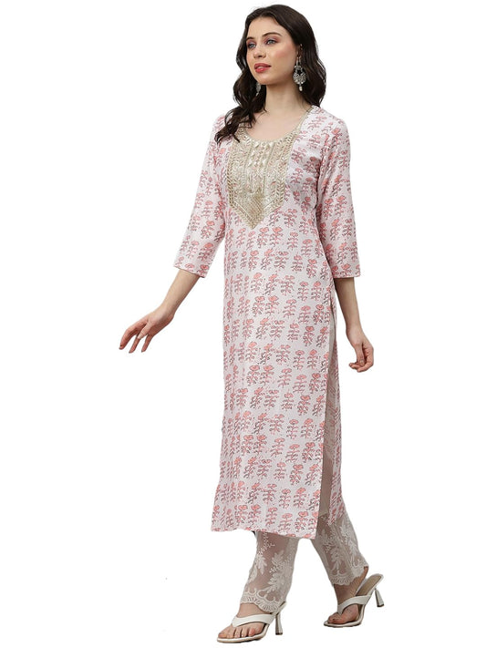 GoSriKi Women's Cotton Blend Straight Yoke Design Printed Kurta