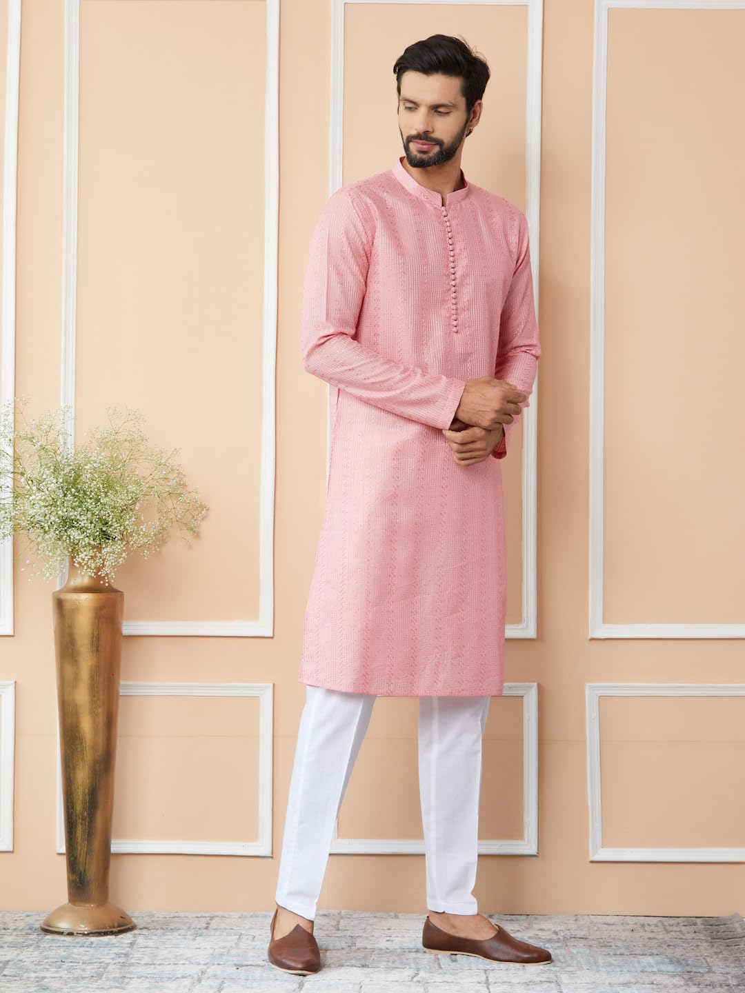 See Designs MenS Long Sleeve Mandarin Collar Side Slit Pink Embroidered Thread Work Sequinned Chanderi Silk Straight Kurta - Sd