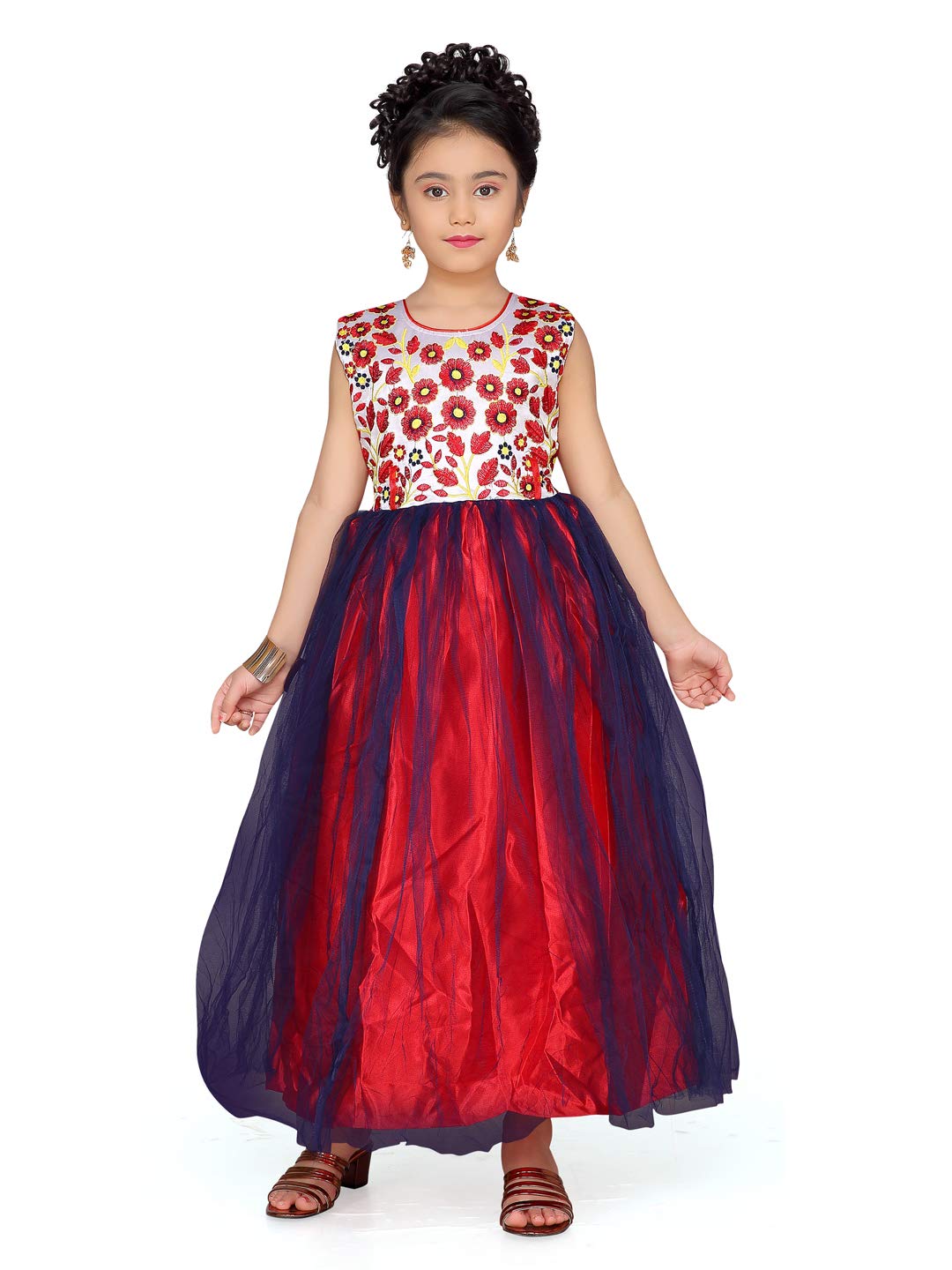 Aarika GirlS Net A-Line Maxi Dress (G-Sg-01_White-Blue_6-7 Years)