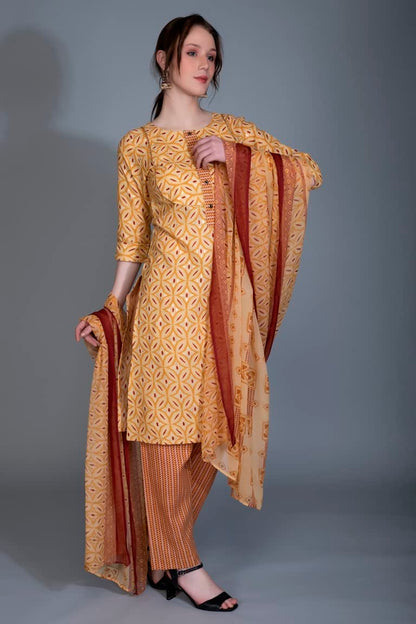 Om Sai Latest Creation Kurta Set For Women|| Cotton Fully Stitched Straight Geometric Style Ethnic Motif Printed Kurta With Prin