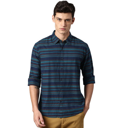 Dennis Lingo MenS Slim Fit Striped Casual Shirt (Blue1)