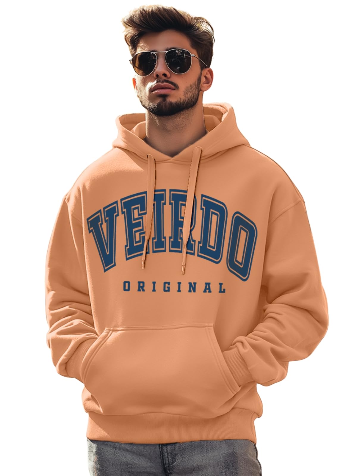 Veirdo Mens Fleece Oversized Baggy Fit Hoodie Drop Shoulder Typographic Logo Printed Full Sleeve Hoodie