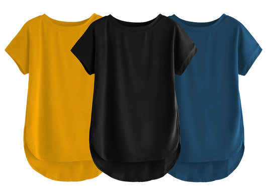 Fabricorn Combo Of Three Plain Black, Mustard Yellow And Airforce Blue Round Neck Up And Down Cotton Tshirt For Women (Black, Mu
