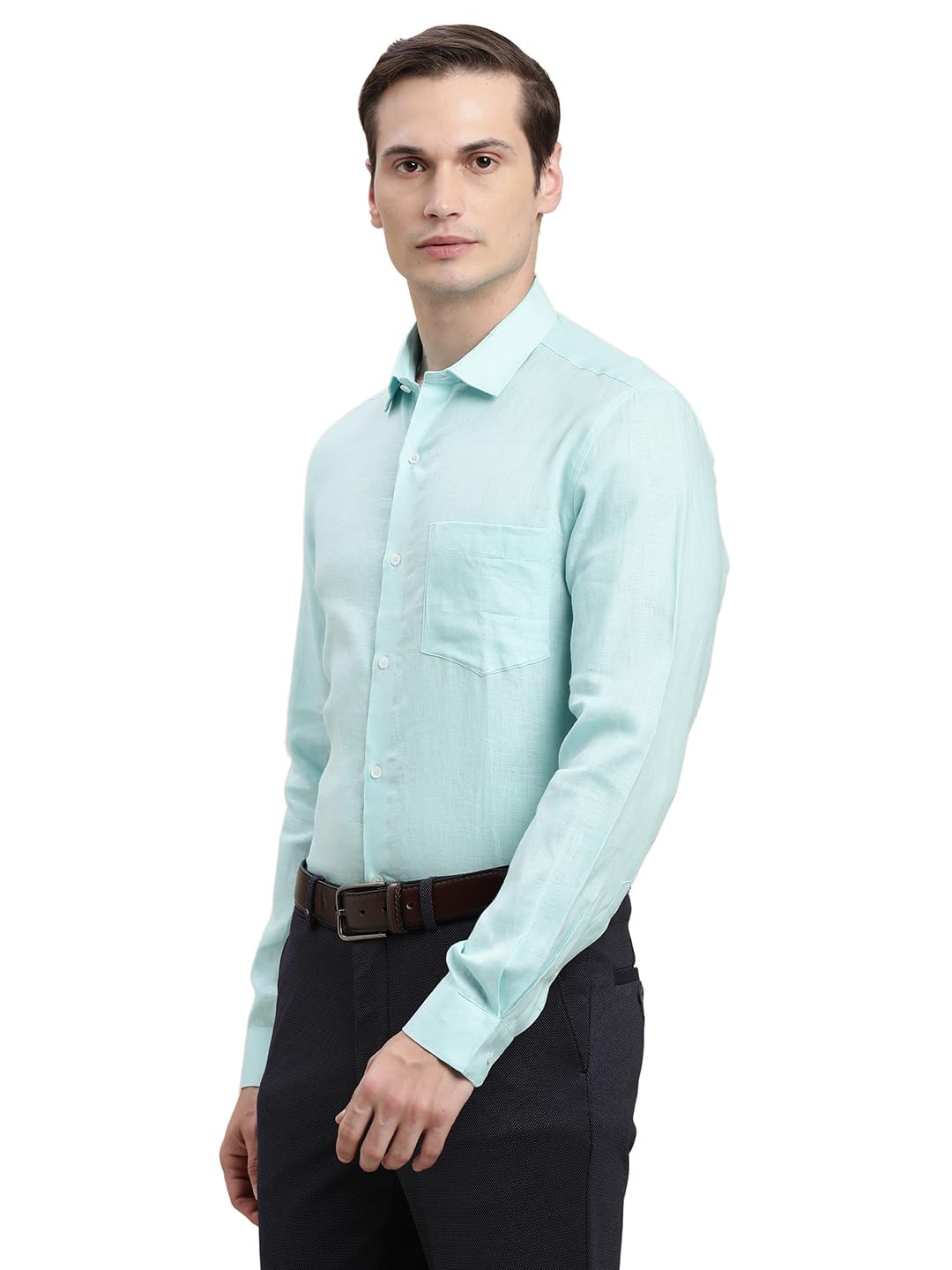 Turtle Men Mint Green Slim Fit Solid Pure Linen Formal Shirt
