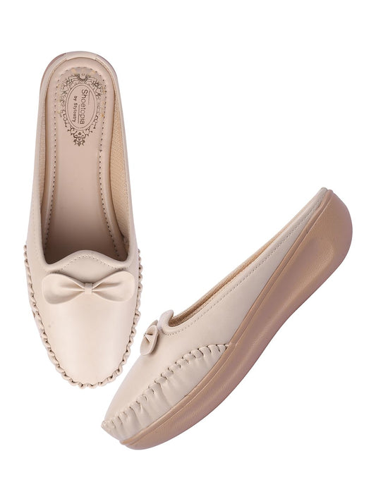 Shoetopia Stylish Comfortable Upper Bow Detailed Cream Slip-On Loafers for Girls-EU36