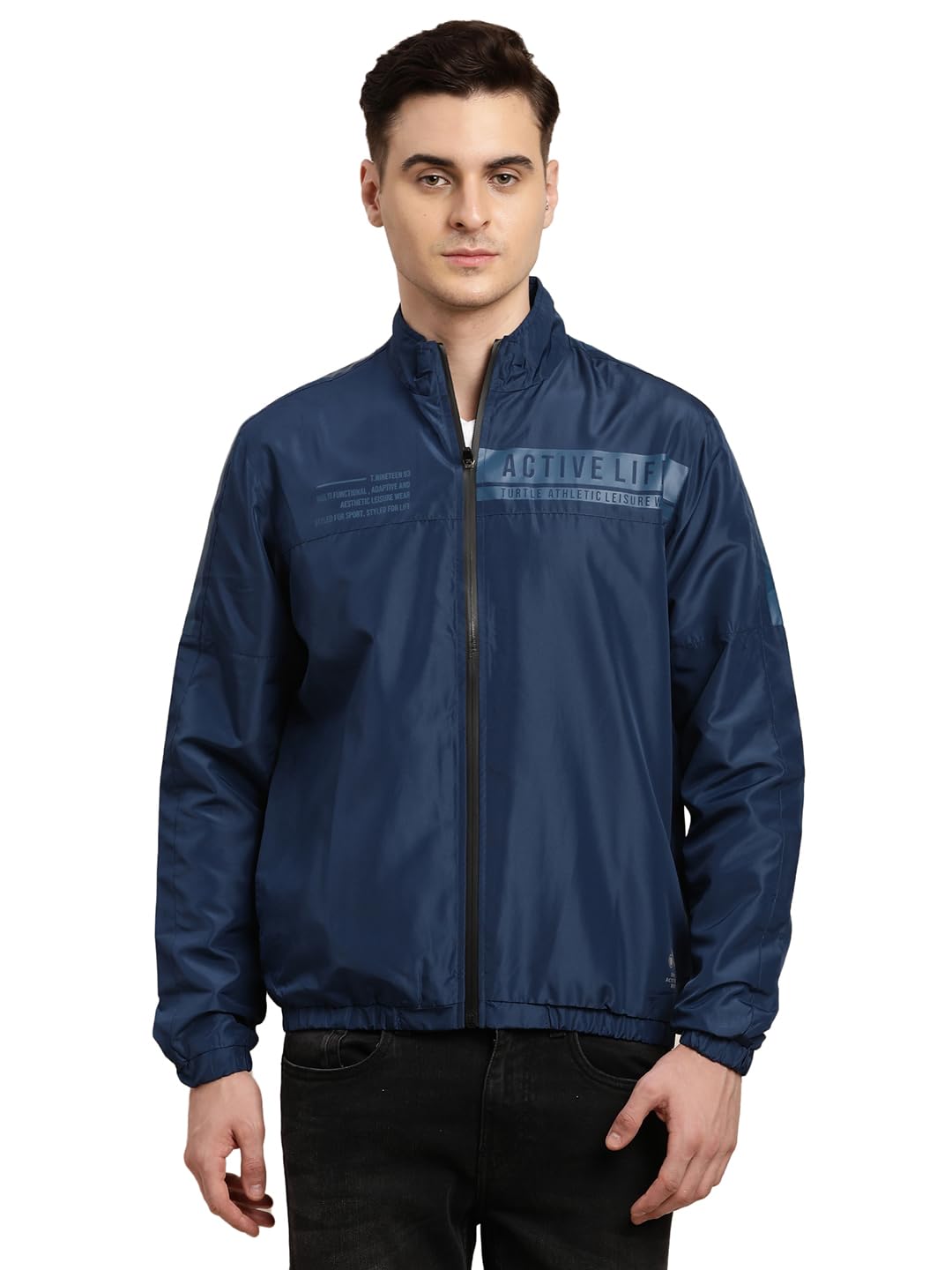 Turtle Men Polyester Printed Blue Zipper Windcheater Jacket