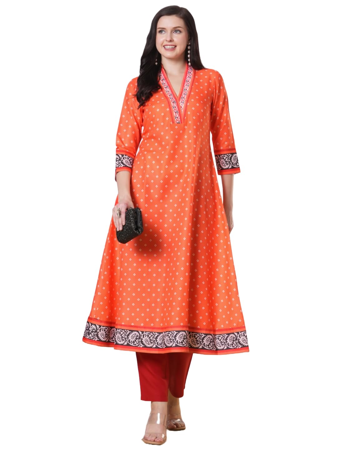 ANNI DESIGNER Women s Kurta Viscose Dress with Anarkali Printed Pants, Orange, Medium