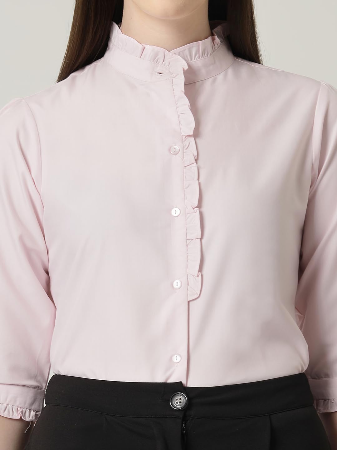 Style Quotient Women Pink Shirt with 3/4th Sleeves & Front Frill