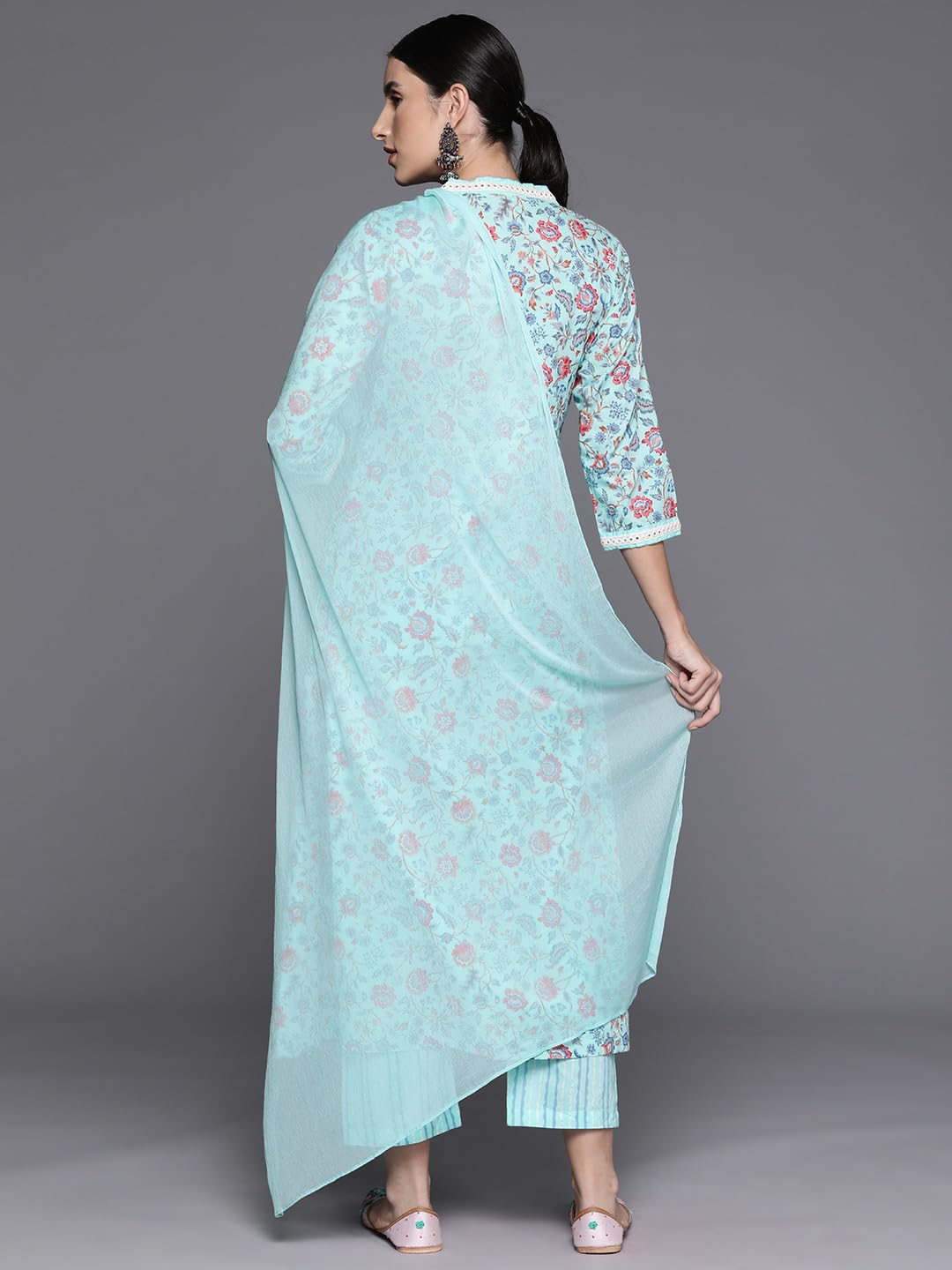 Varanga Women Blue Floral Printed A-Line Kurta With Three Quarter Sleeves Paired With Printed Bottom And Solid Chiffon Dupatta