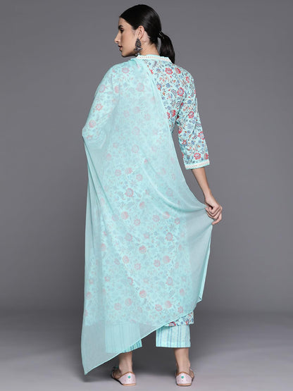 Varanga Women Blue Floral Printed A-Line Kurta With Three Quarter Sleeves Paired With Printed Bottom And Solid Chiffon Dupatta
