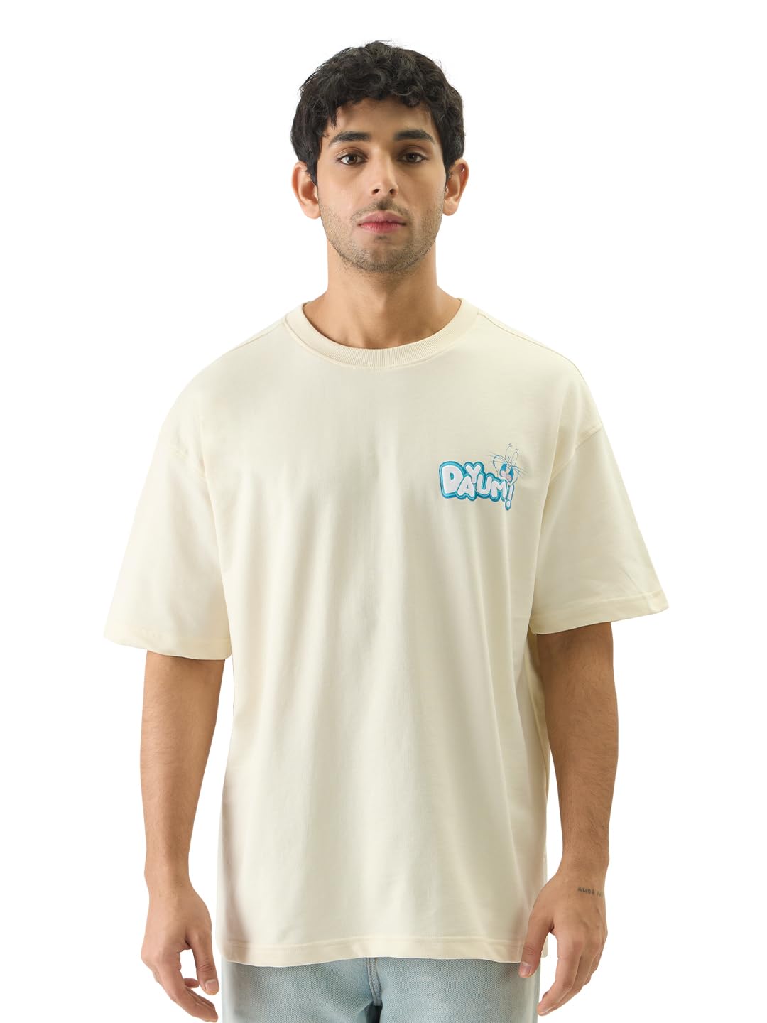 The Souled Store Official Bugs Bunny: Dayum Men and Boys Short Sleeve Round Neck Off White Graphic Printed Cotton Oversized Fit