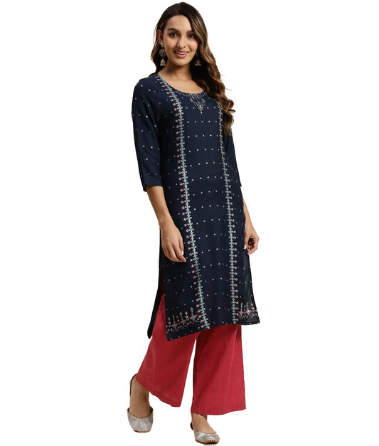rangita Navy Blue Rayon Calf Length Printed Straight Kurti for Women | Kurta for Women