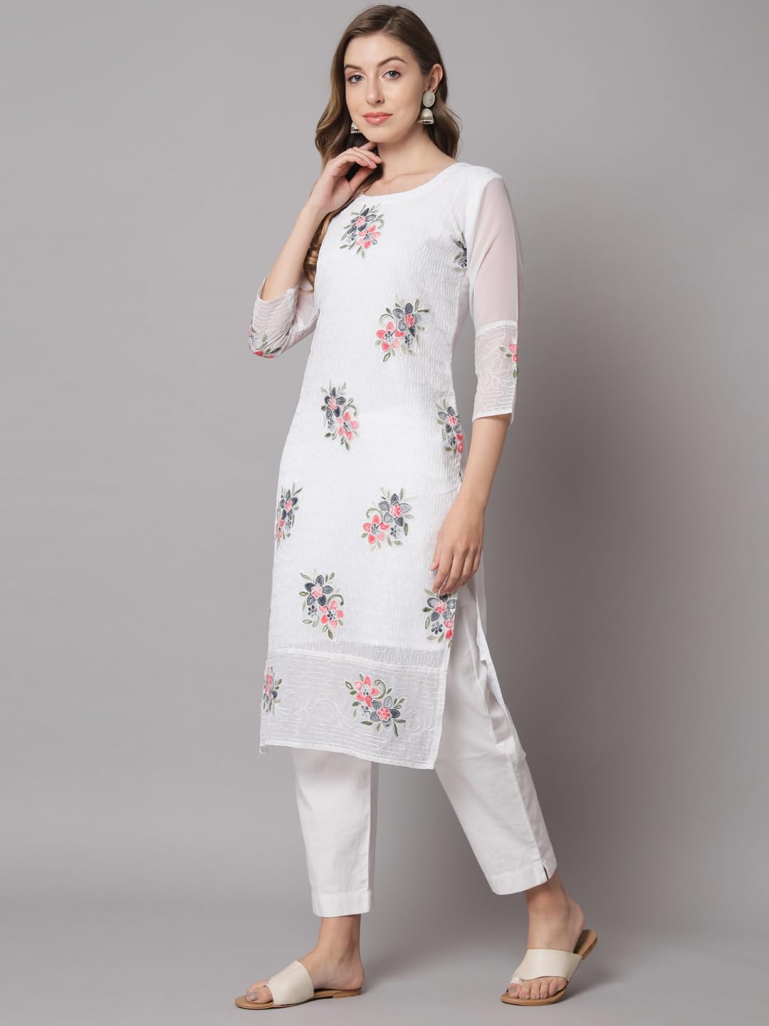 Ekasya WomenS Georgette Straight Cut Round Neck Kurta With Beautiful Floral Embroidery Work - Elegant Design, Comfortable Fit,