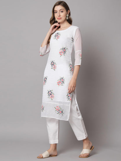 Ekasya WomenS Georgette Straight Cut Round Neck Kurta With Beautiful Floral Embroidery Work - Elegant Design, Comfortable Fit,