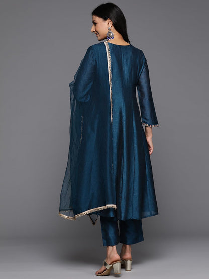 Varanga Women Blue Zari and Thread Embroidered A-Line Kurta with Bottom and Dupatta