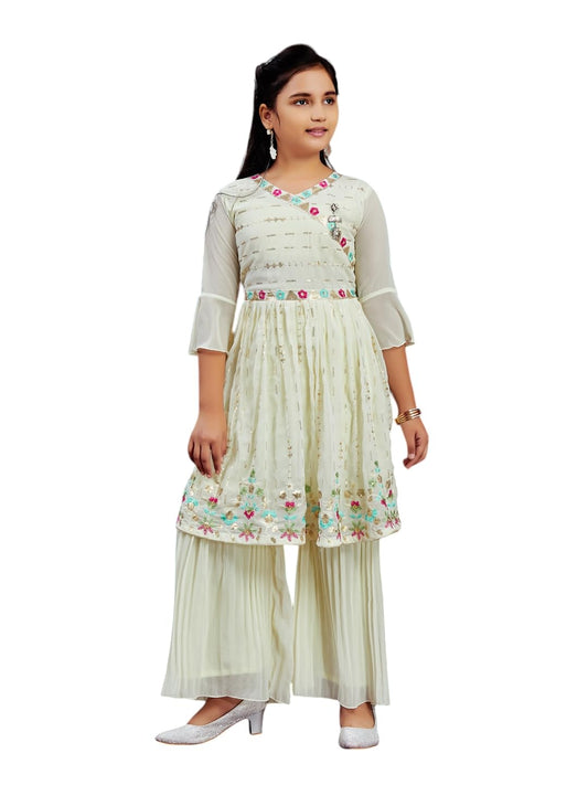Aarika Girls Ethnic Wear Cream Colour Sequins Thread Embroidery Georgette Kurti Sharara Set