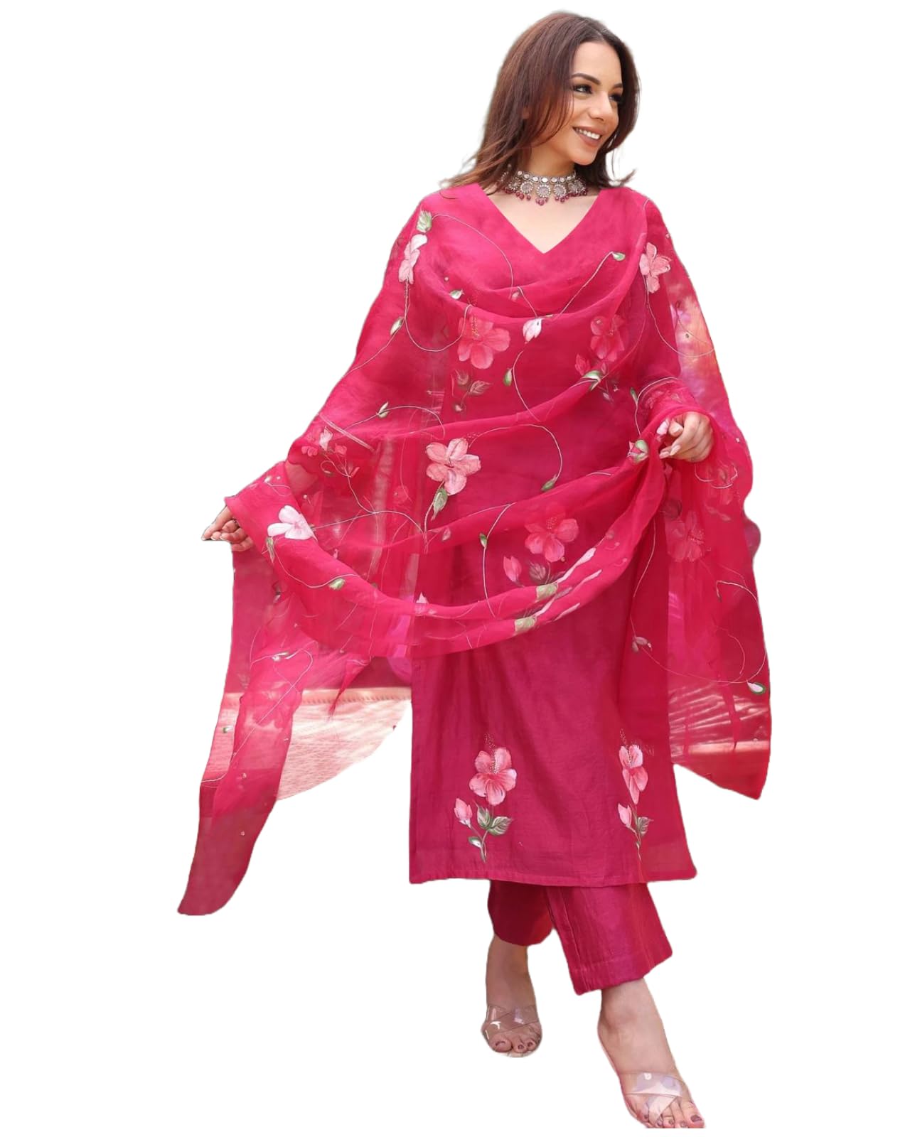 ANNI DESIGNER Womens Rayon Blend Straight Printed Kurta with Pant & Dupatta (ROKA Rani_4XL_Pink_XXXX-Large)